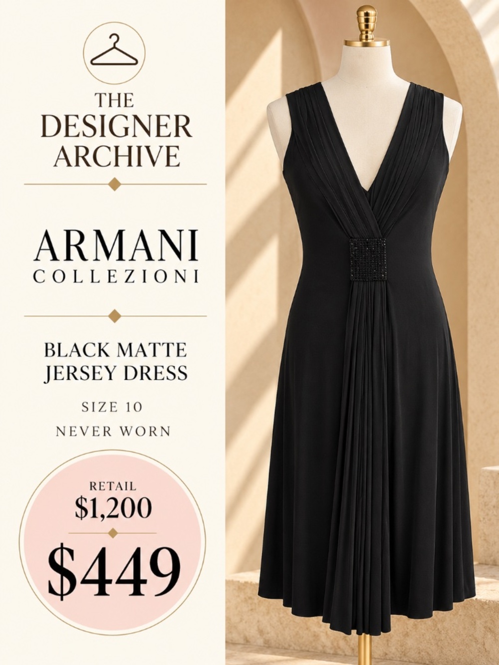 Armani Collezioni Black Jersey Dress | Made in Italy | Never Worn | US 10